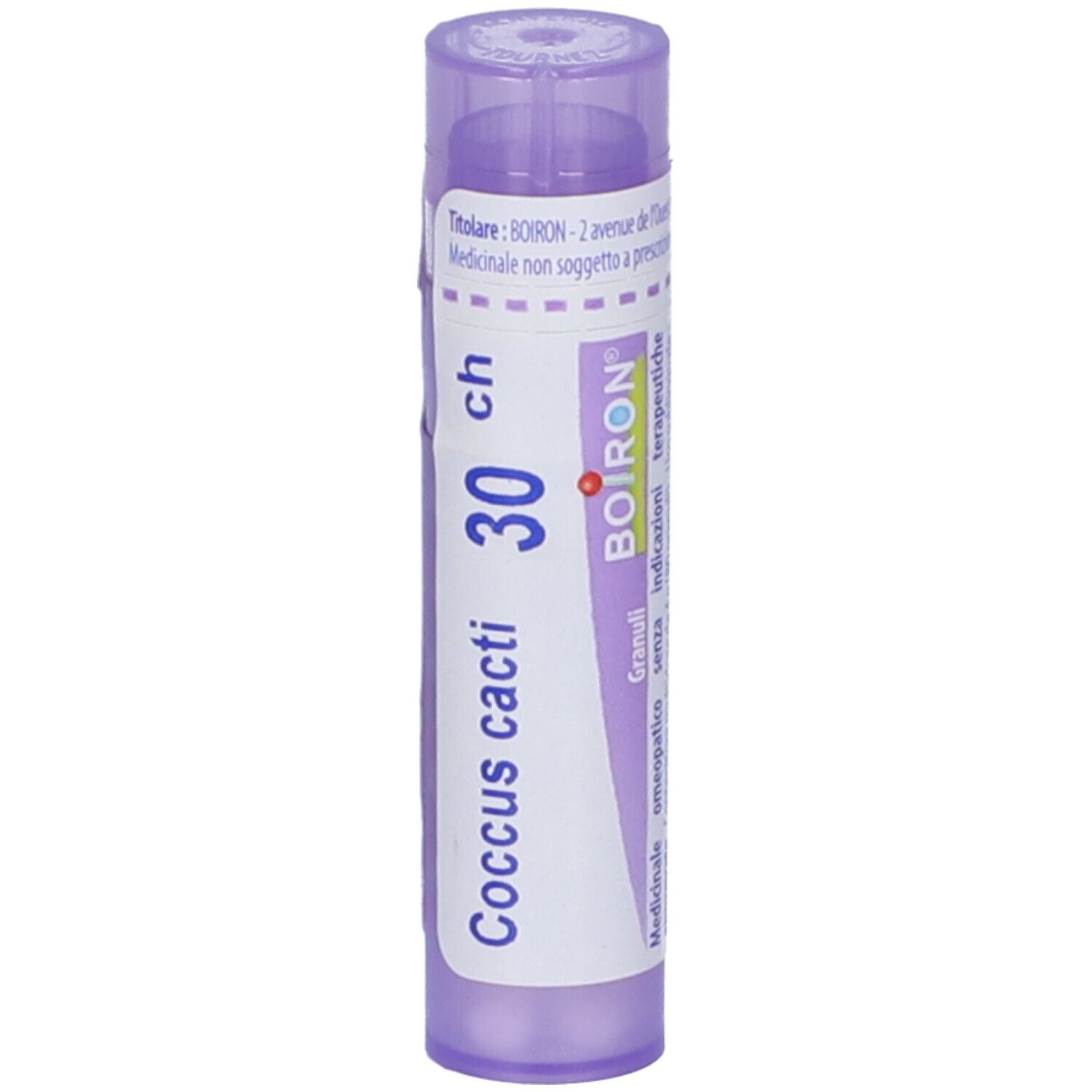Confezione cilindrica di Coccus cacti 30 ch Granuli. Marchio BOIRON. Dettaglio delle scritte.