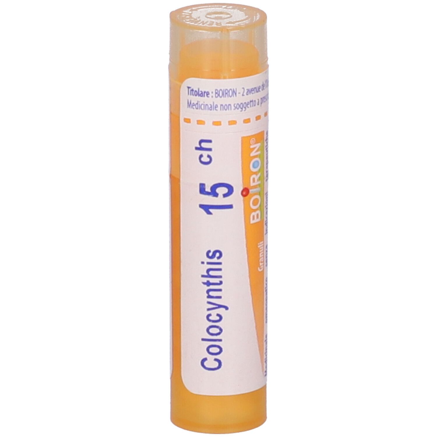 Confezione cilindrica con etichetta bianca. Scritta: Colocynthis 15 ch, BOIRON. Tappo giallo. Vista verticale.