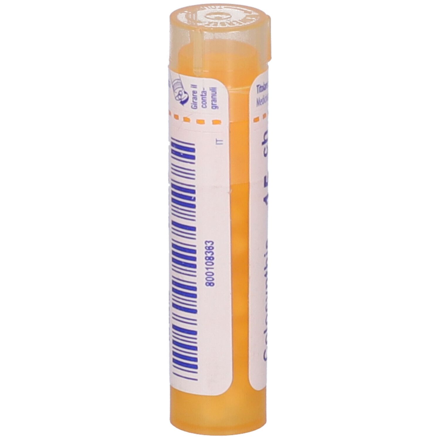 Confezione cilindrica con etichetta bianca. Codice a barre e testo. Tappo giallo. Vista verticale.