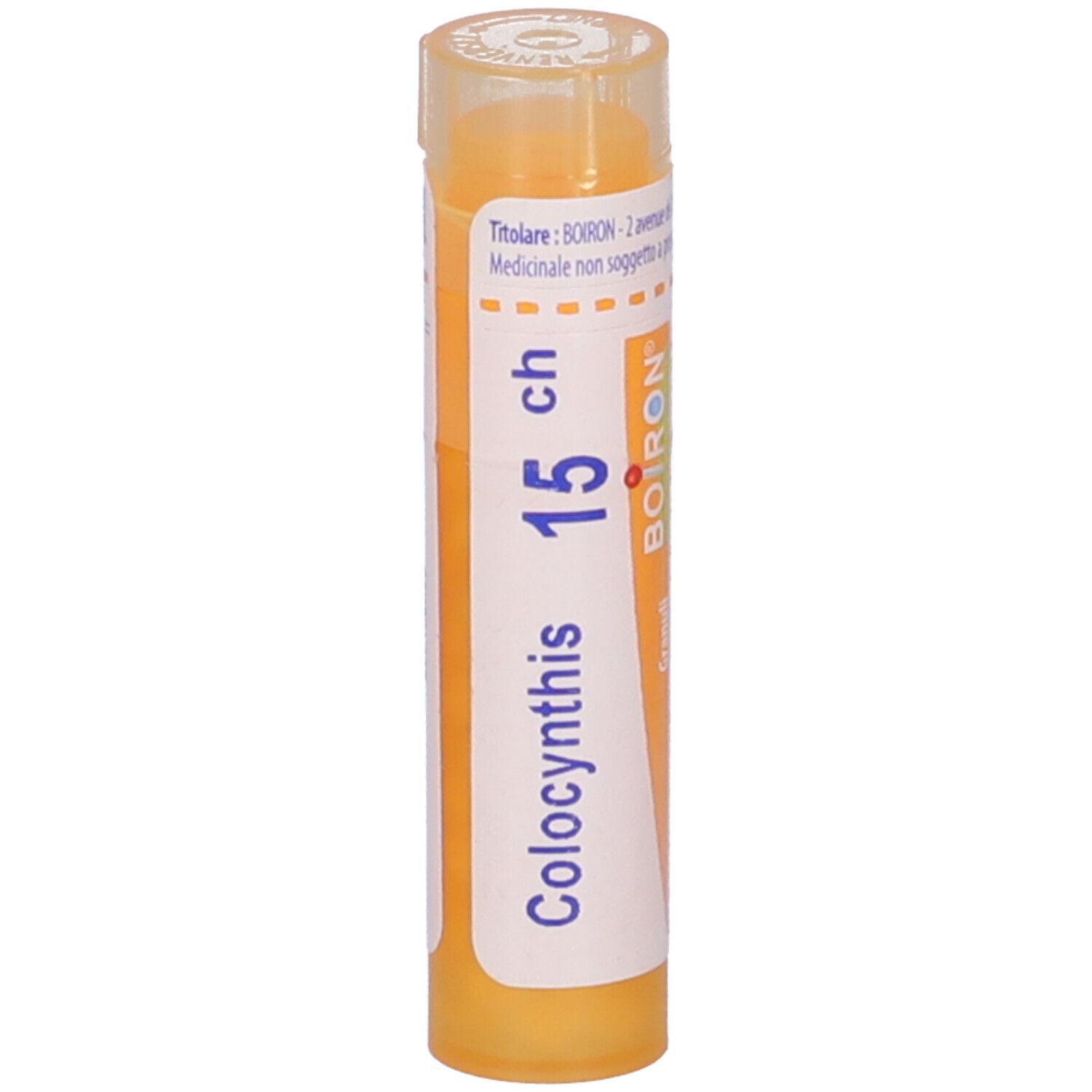 Confezione cilindrica con etichetta bianca. Scritta: Colocynthis 15 ch, BOIRON. Tappo giallo. Vista verticale.