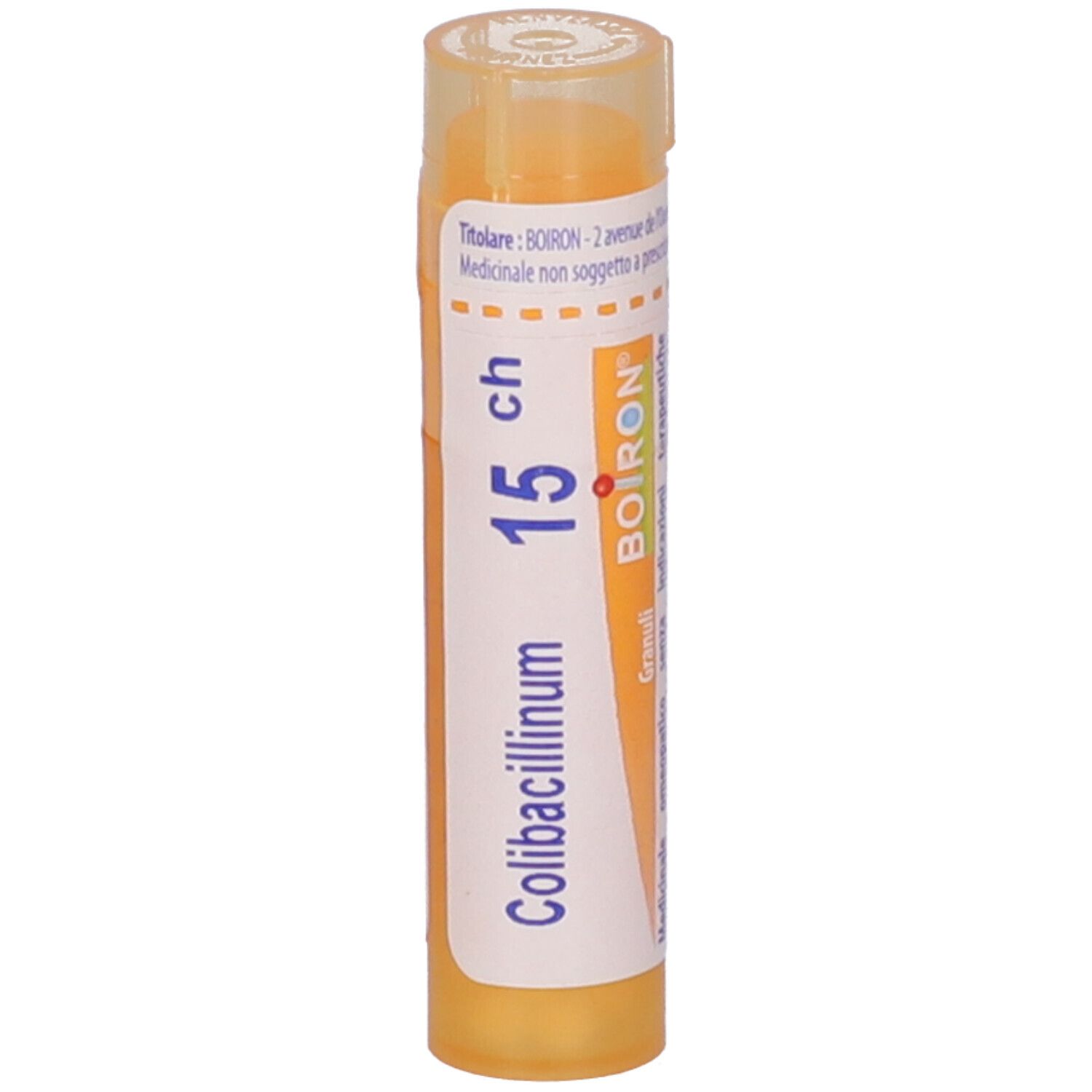 Confezione cilindrica gialla. Scritto: Colibacillinum 15 ch, BOIRON. Informazioni visibili sull'etichetta.