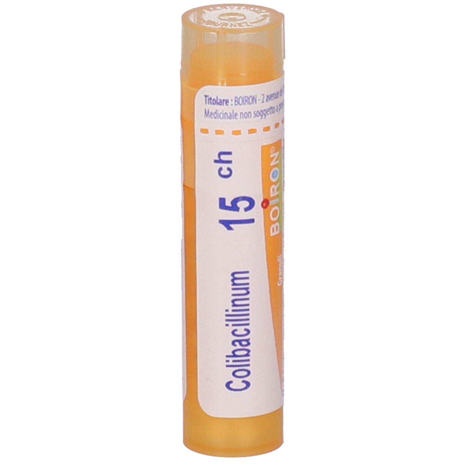 Confezione cilindrica gialla. Scritto: Colibacillinum 15 ch, BOIRON. Granuli.