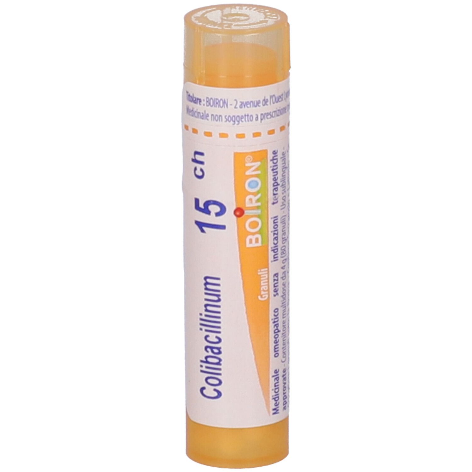 Confezione cilindrica gialla. Scritto: Colibacillinum 15 ch, BOIRON. Informazioni aggiuntive.