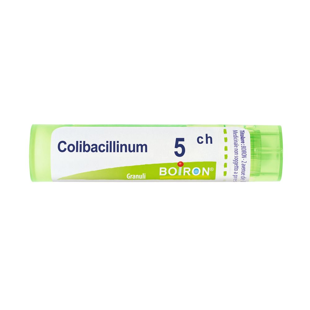 Confezione cilindrica con etichetta bianca. Scritta: Colibacillinum 5 ch, Granuli, BOIRON. Tappo verde.