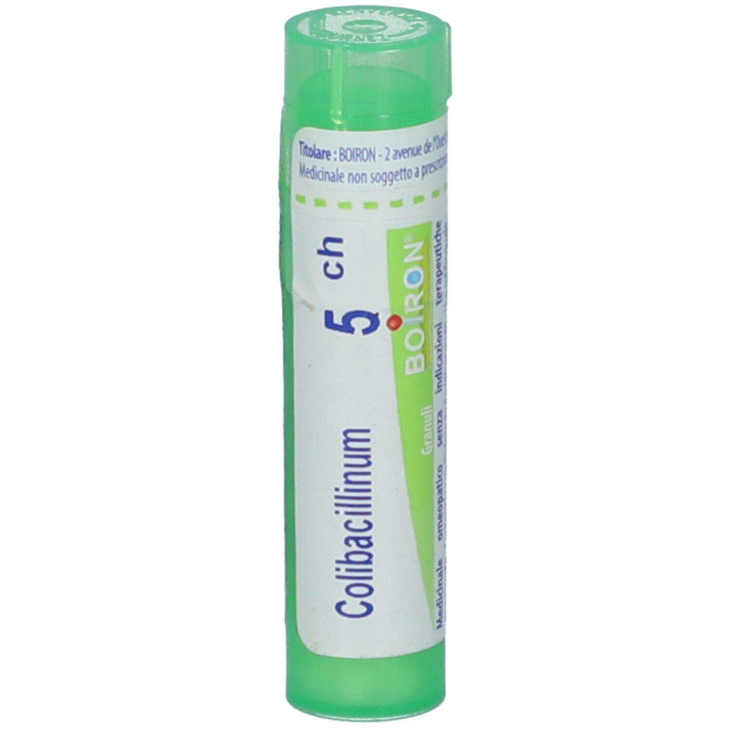 Confezione cilindrica verde. Scritta: Colibacillinum 5 ch, BOIRON. Etichetta bianca con informazioni prodotto.