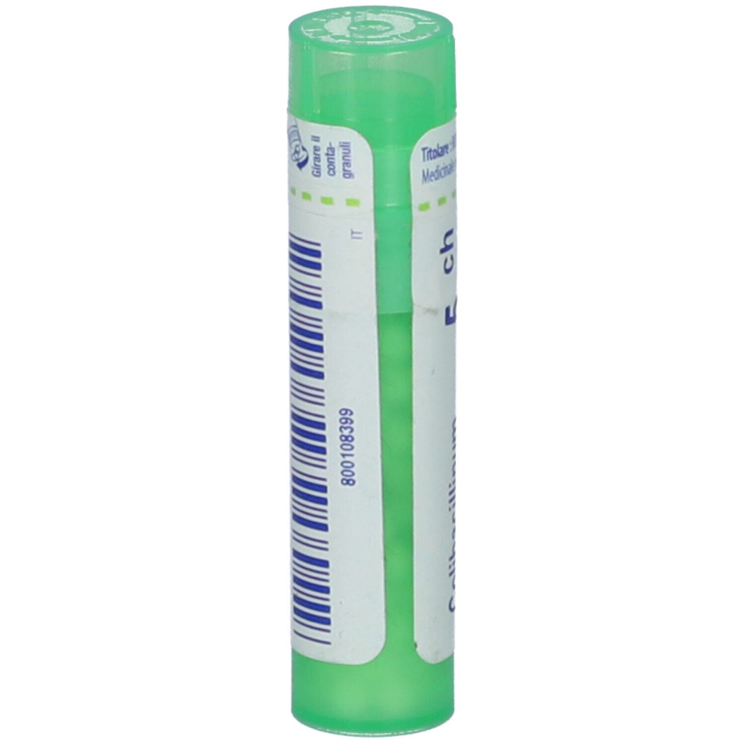 Confezione cilindrica verde. Scritta: Colibacillinum 5 ch. Etichetta bianca con codice a barre e informazioni.