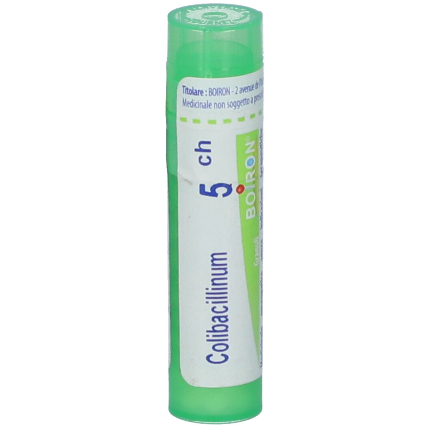 Confezione cilindrica verde. Scritta: Colibacillinum 5 ch, BOIRON. Etichetta bianca con informazioni prodotto.