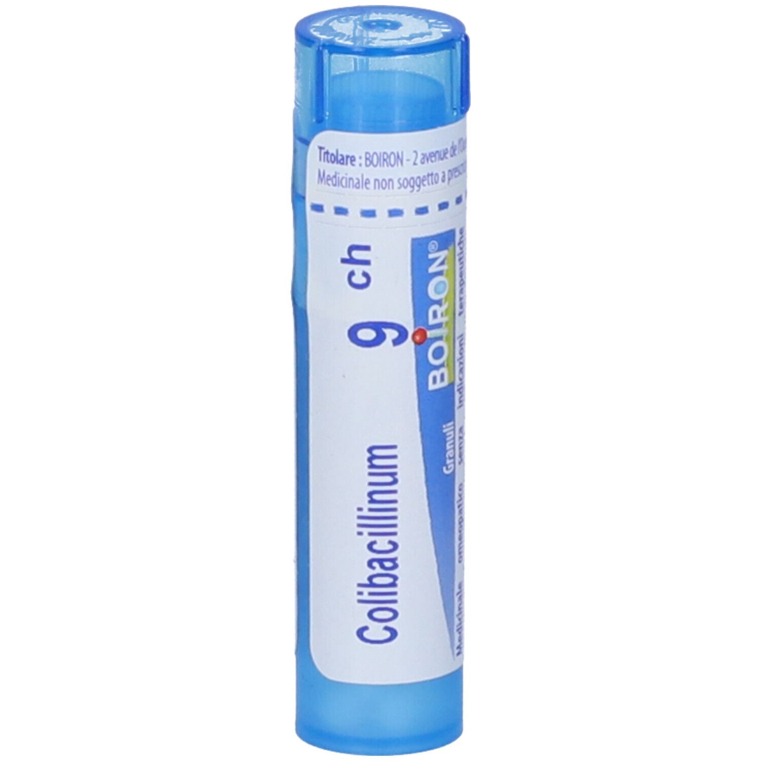 Tubo blu con etichetta bianca. Scritta 'Colibacillinum 9 ch' e 'BOIRON'.