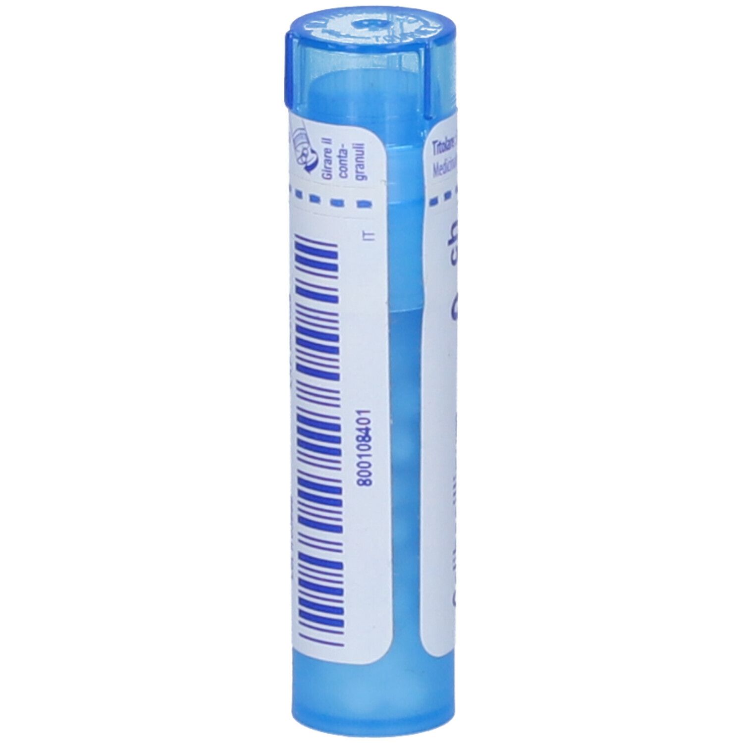 Tubo blu con etichetta bianca e codice a barre. Scritta '800108401'.