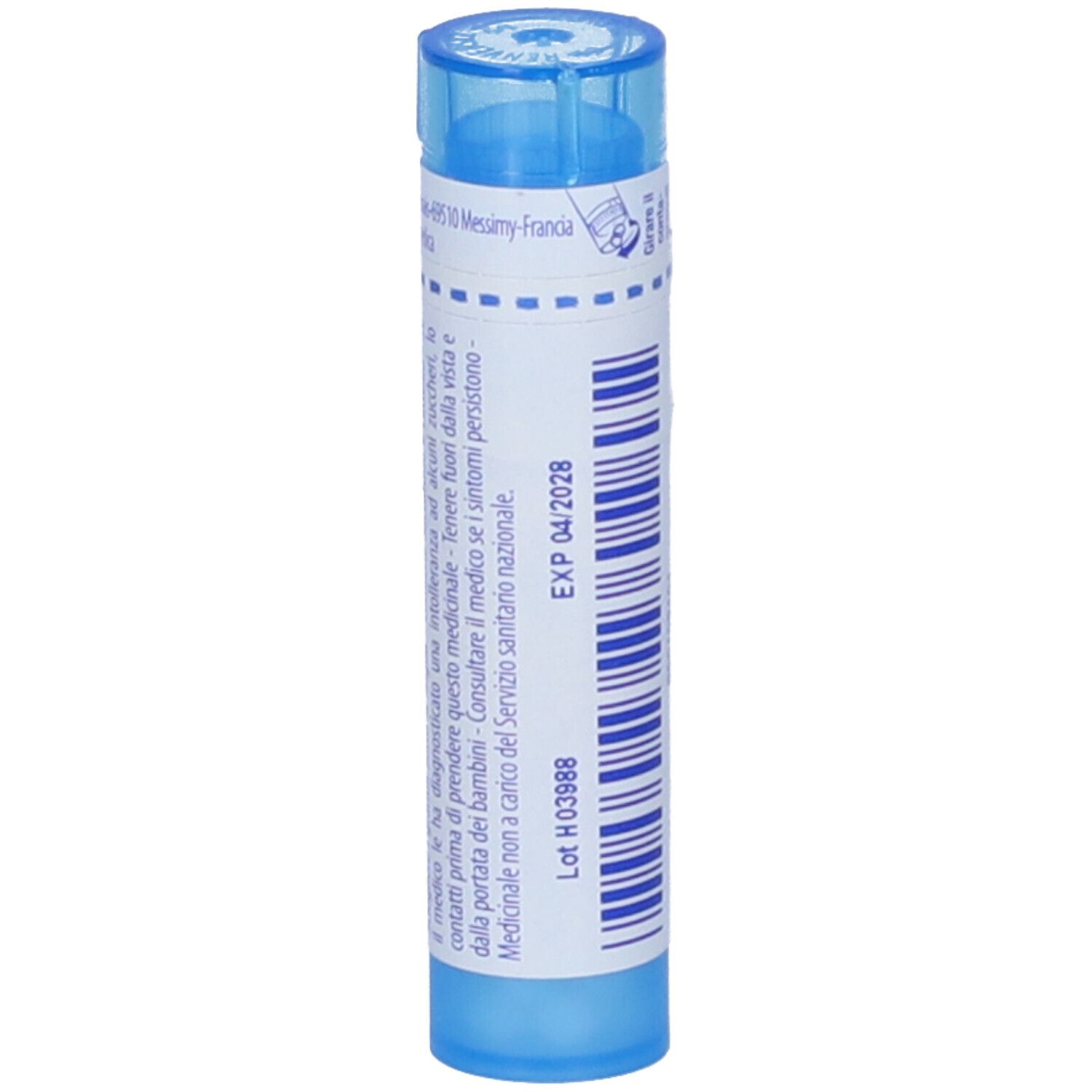 Tubo blu con etichetta bianca. Scritta 'EXP 04/2028' e altre informazioni.
