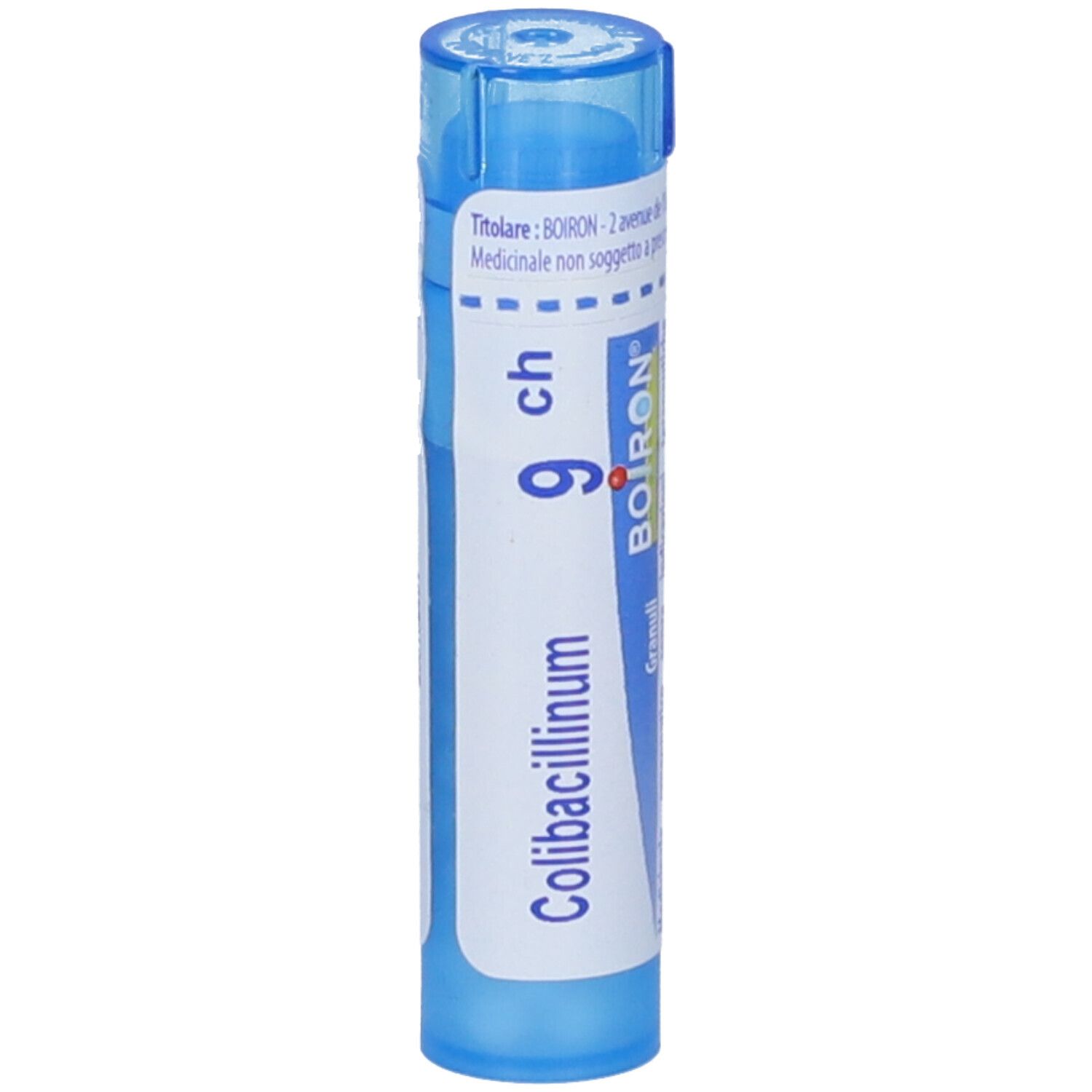 Tubo blu con etichetta bianca. Scritta 'Colibacillinum 9 ch' e 'BOIRON'.