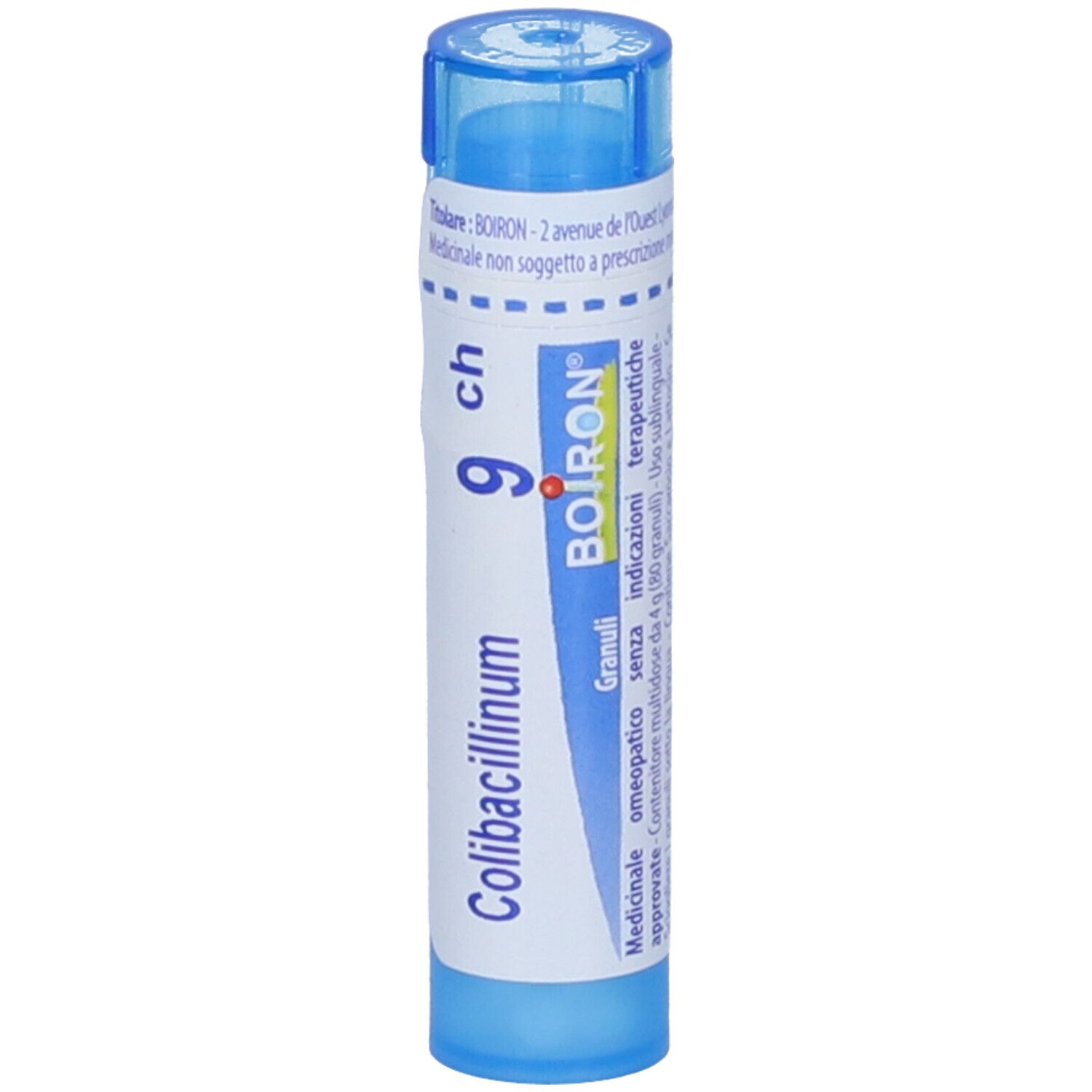 Tubo blu con etichetta bianca. Scritta 'Colibacillinum 9 ch Granuli BOIRON'.