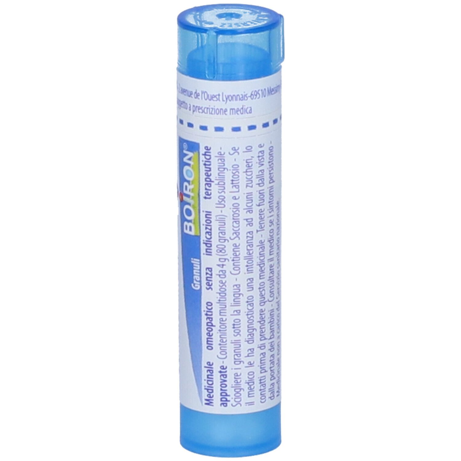 Tubo blu con etichetta bianca. Scritta 'BOIRON Granuli' e altre informazioni.