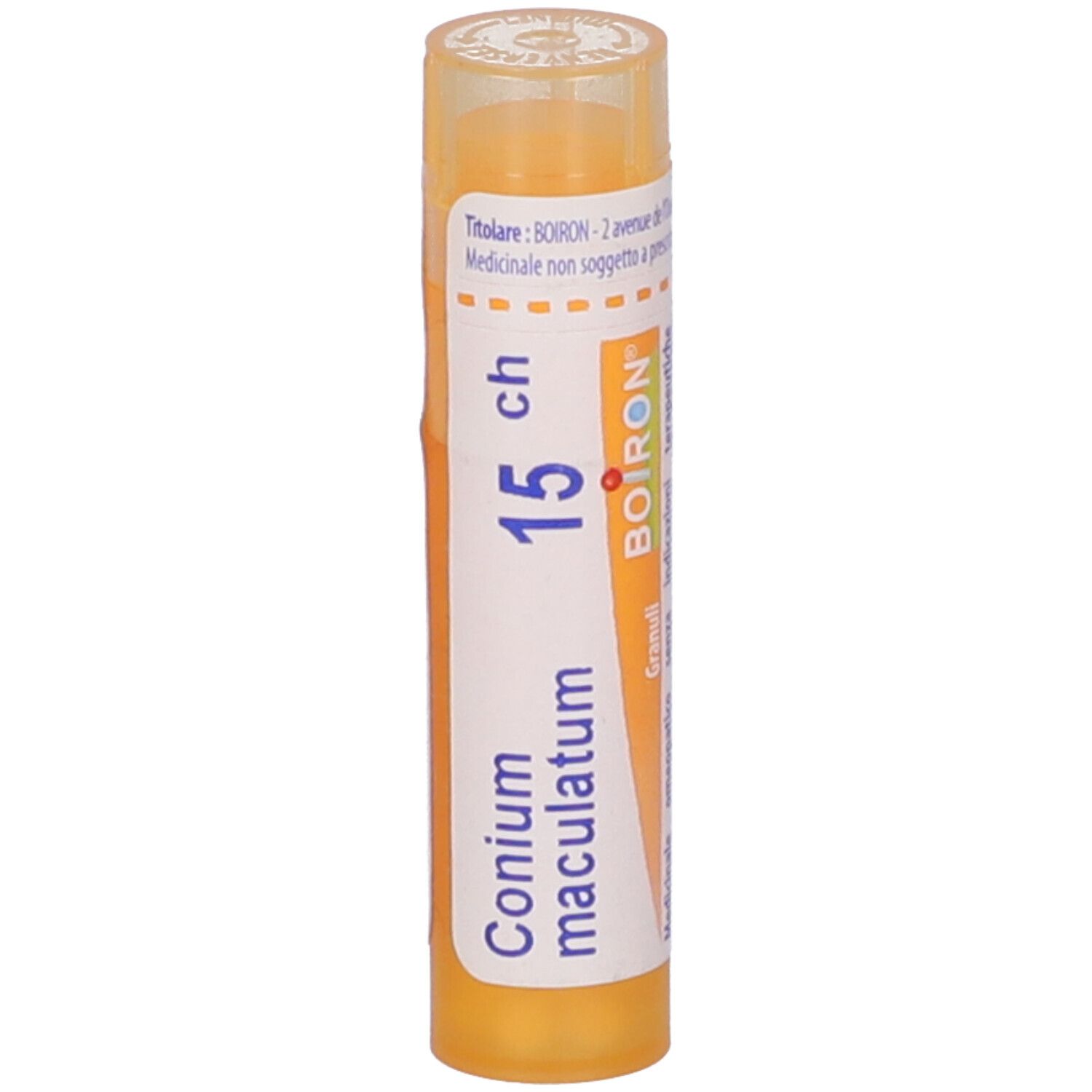 Confezione cilindrica, etichetta bianca. Scritta: Conium maculatum 15 ch, BOIRON. Coperchio giallo.
