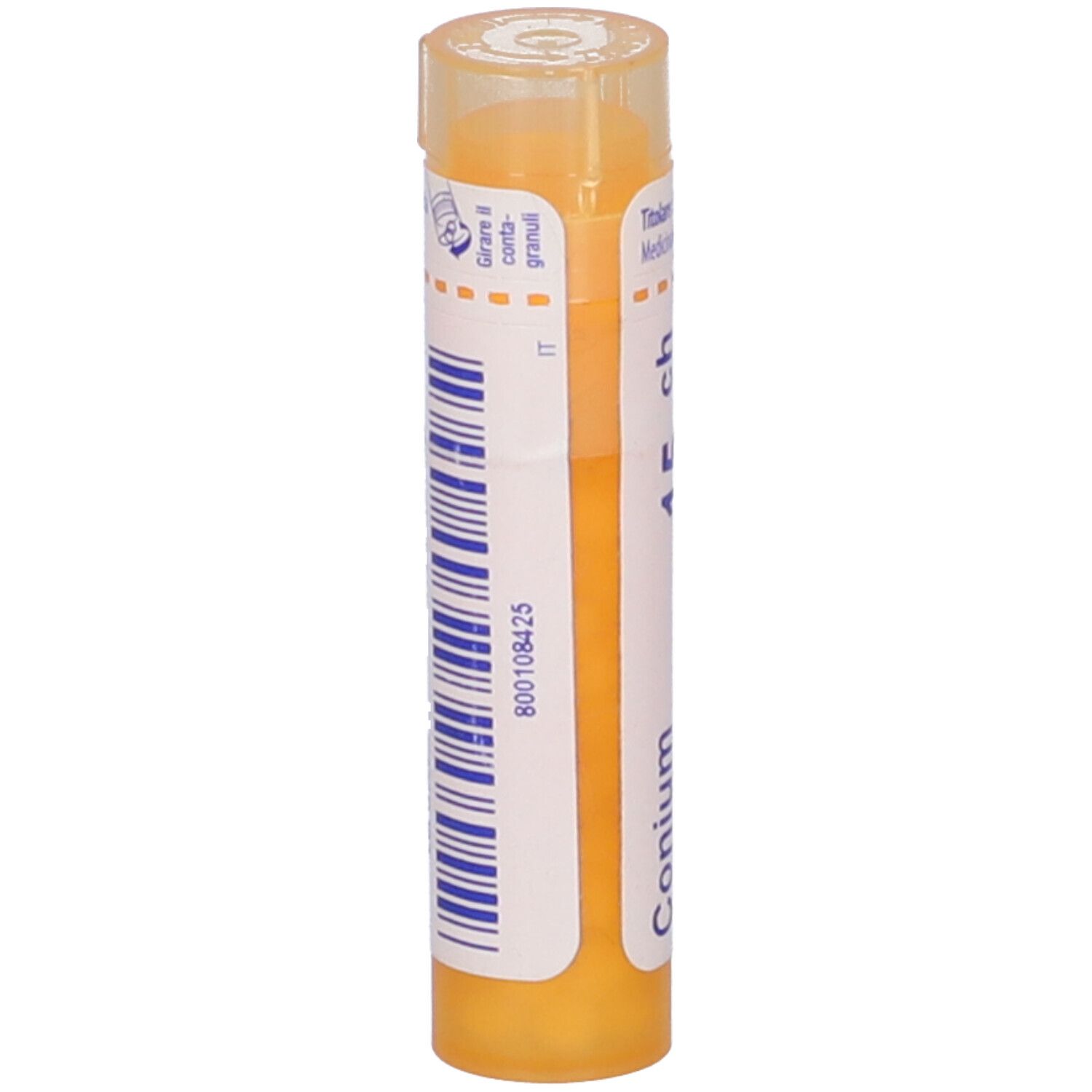 Confezione cilindrica, etichetta bianca con codice a barre. Scritta: Conium maculatum 15 ch. Coperchio giallo.