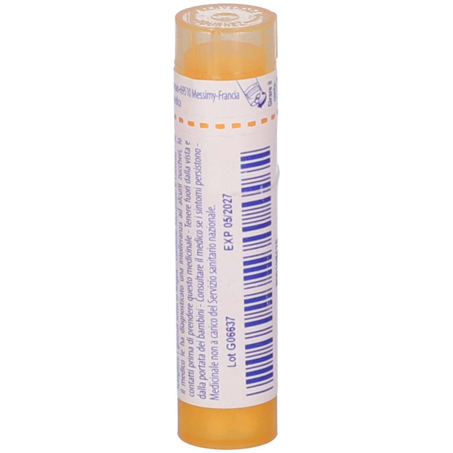 Confezione cilindrica, etichetta bianca. Scritta: Conium maculatum 15 ch. Scadenza 05/2027. Coperchio giallo.