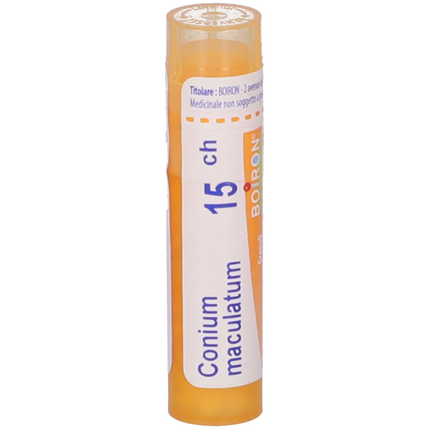 Confezione cilindrica, etichetta bianca. Scritta: Conium maculatum 15 ch, BOIRON. Coperchio giallo.