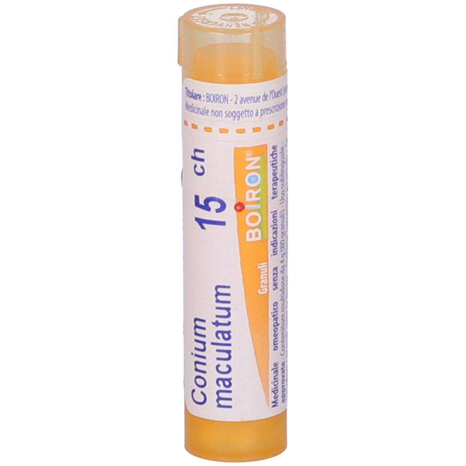 Confezione cilindrica, etichetta bianca. Scritta: Conium maculatum 15 ch, BOIRON, Granuli. Coperchio giallo.