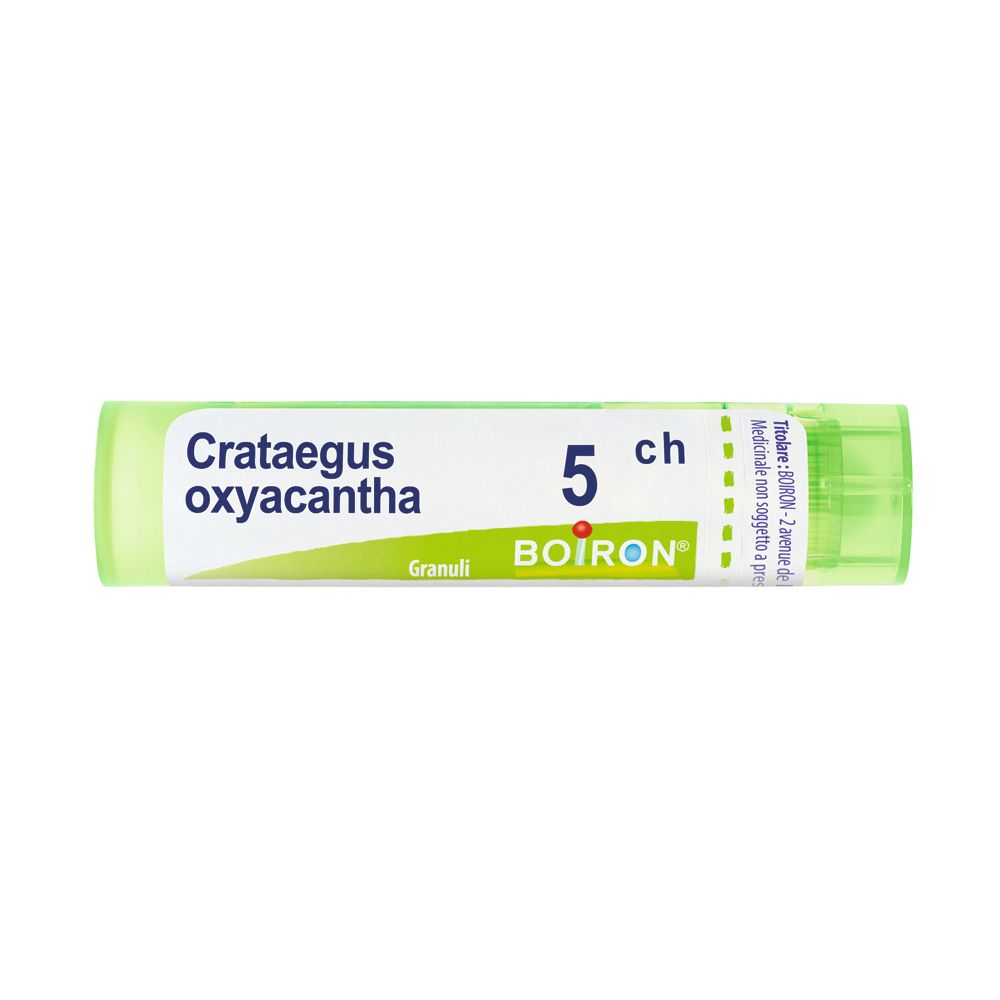 Tubo verde con etichetta bianca. Scritta: Crataegus oxyacantha 5 ch, Granuli, BOIRON.