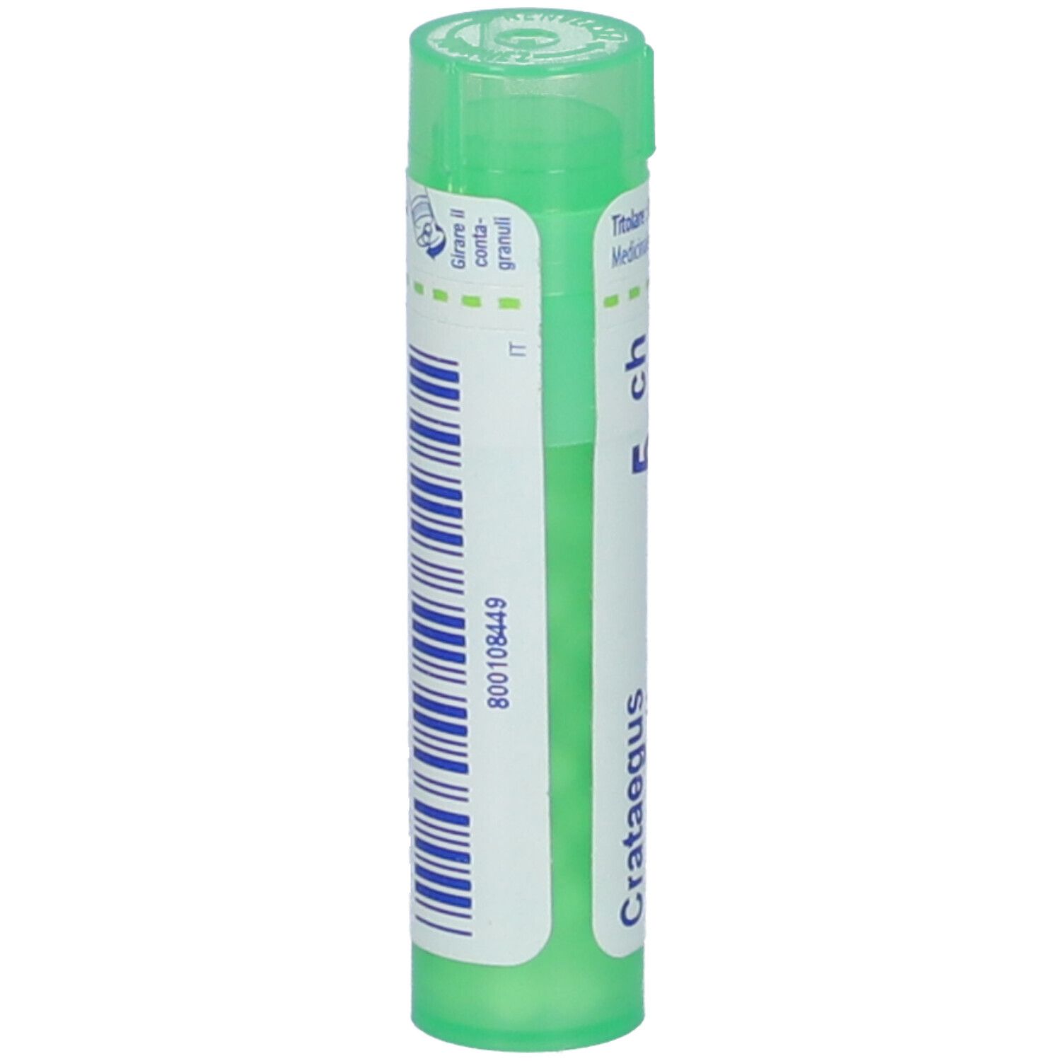 Tubo verde con etichetta bianca e codice a barre. Scritta: Crataegus, 5 ch.