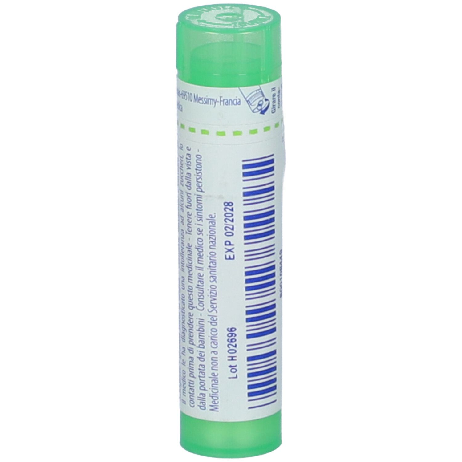 Tubo verde con etichetta bianca. Scritta: EXP 02/2028, Lot H02696.
