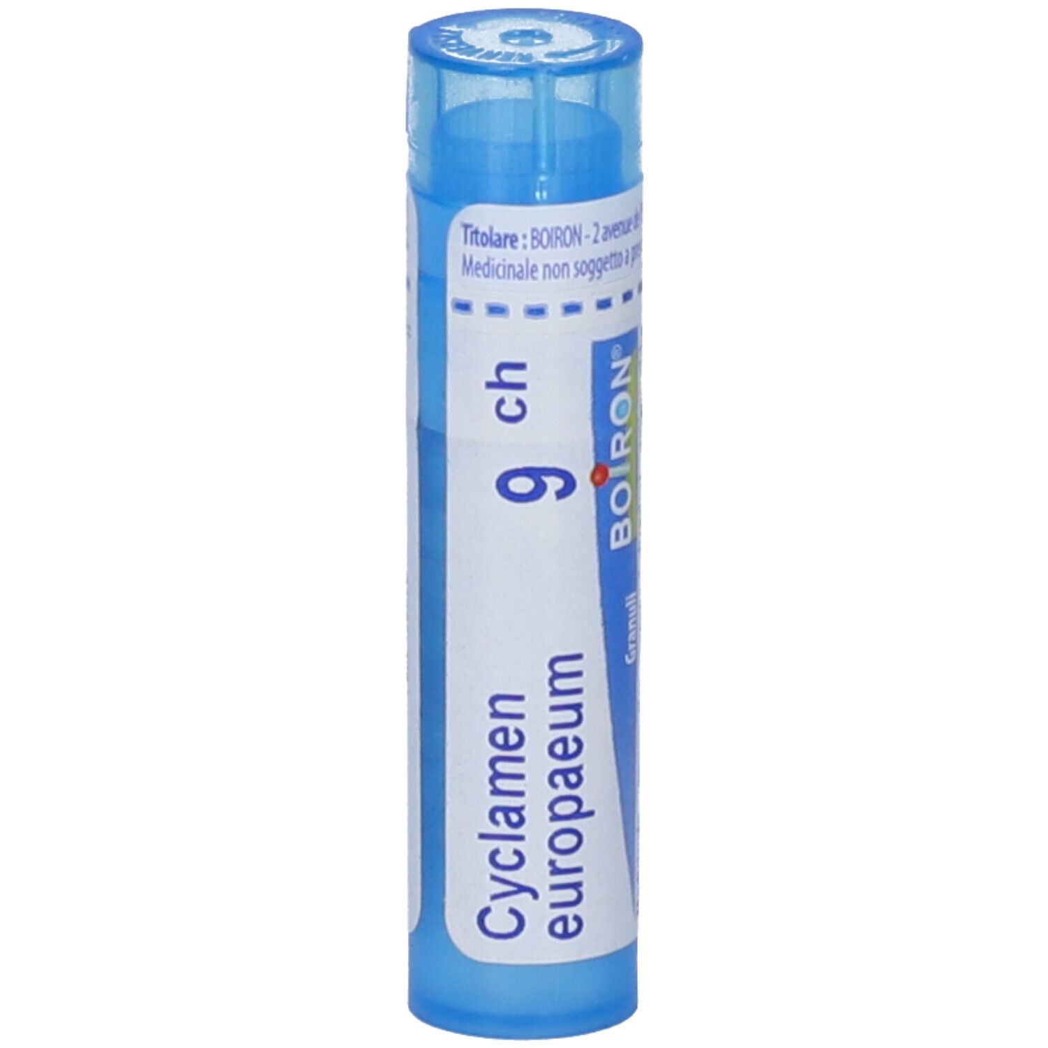 Tubo blu con etichetta bianca. 'Cyclamen europaeum 9 ch' e logo BOIRON. Scritte in francese.