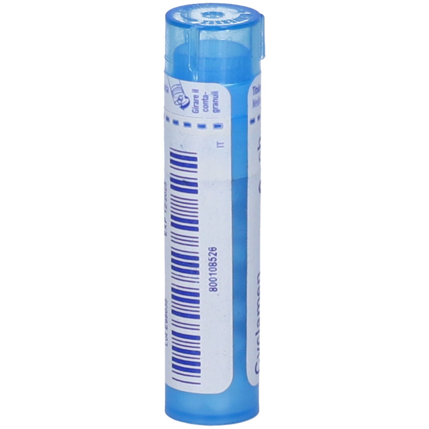 Tubo blu con etichetta bianca. Scritta '800108526' e altre informazioni. Testo in francese.