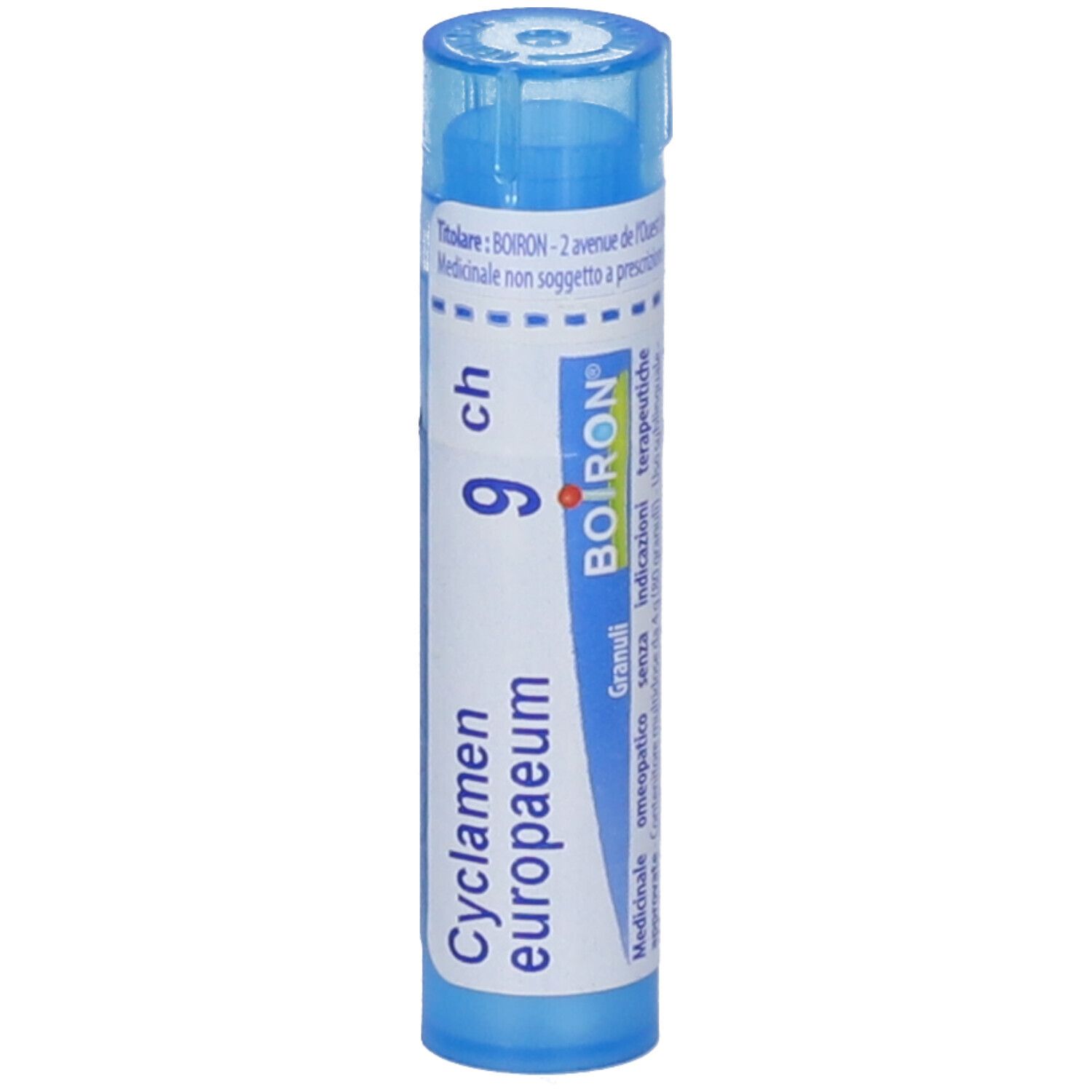 Tubo blu con etichetta bianca. 'Cyclamen europaeum' e logo BOIRON. Scritte in francese.