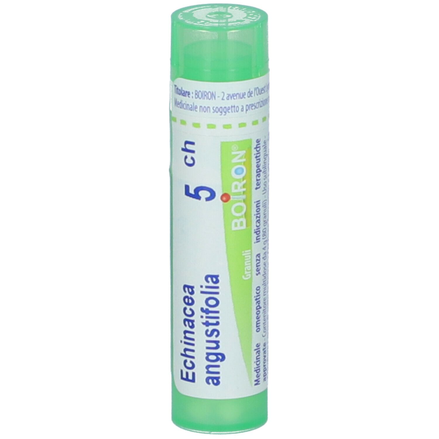 Tubo verde con etichetta bianca. Scritta: Echinacea angustifolia 5 ch, Granuli, BOIRON. Tappo verde.