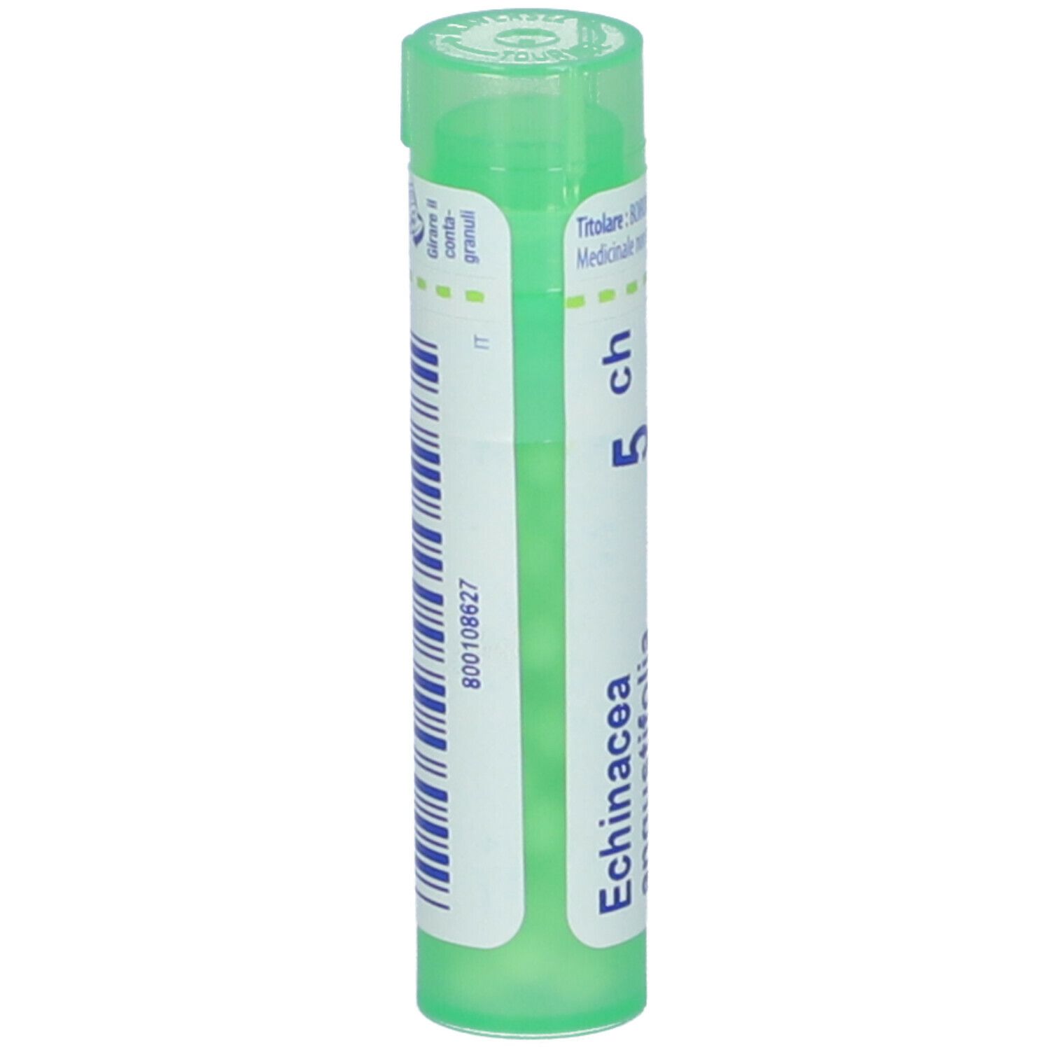 Tubo verde con etichetta bianca. Scritta: Echinacea, 5 ch. Codice a barre. Tappo verde.