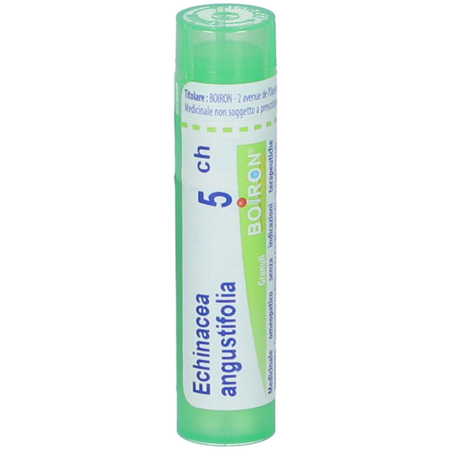 Tubo verde con etichetta bianca. Scritta: Echinacea angustifolia 5 ch, Granuli, BOIRON. Tappo verde.