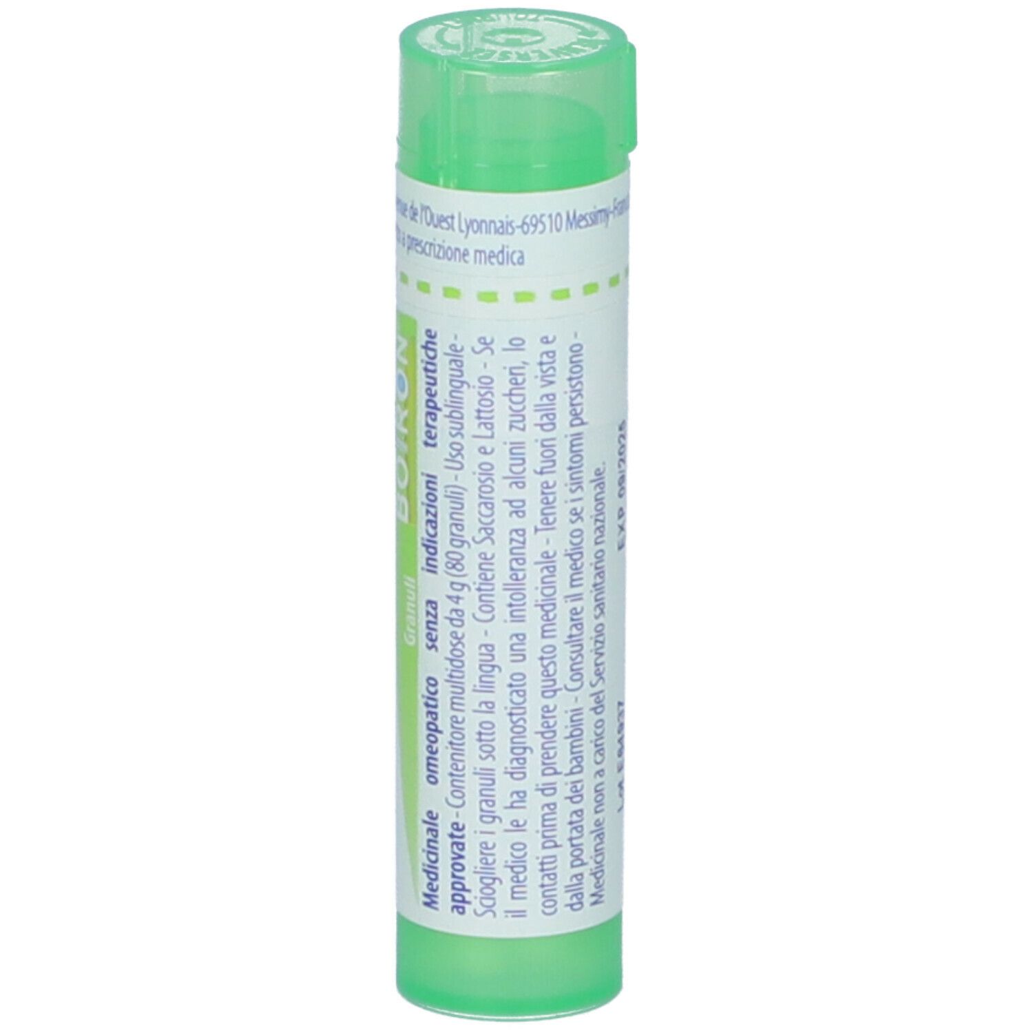 Tubo verde con etichetta bianca. Scritta: Echinacea angustifolia 5 ch, Granuli, BOIRON. Tappo verde.