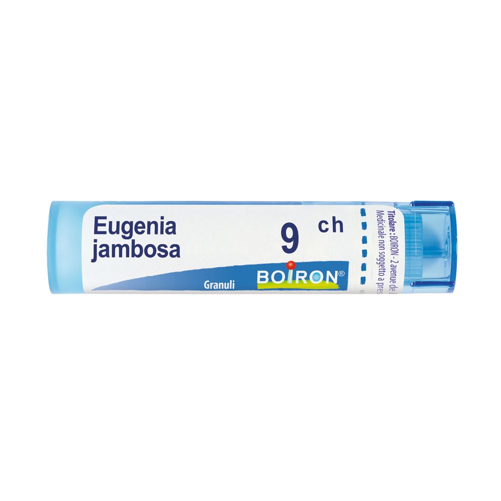 Flacone cilindrico blu con etichetta bianca. Scritta: Eugenia jambosa, 9 ch, BOIRON. Granuli.