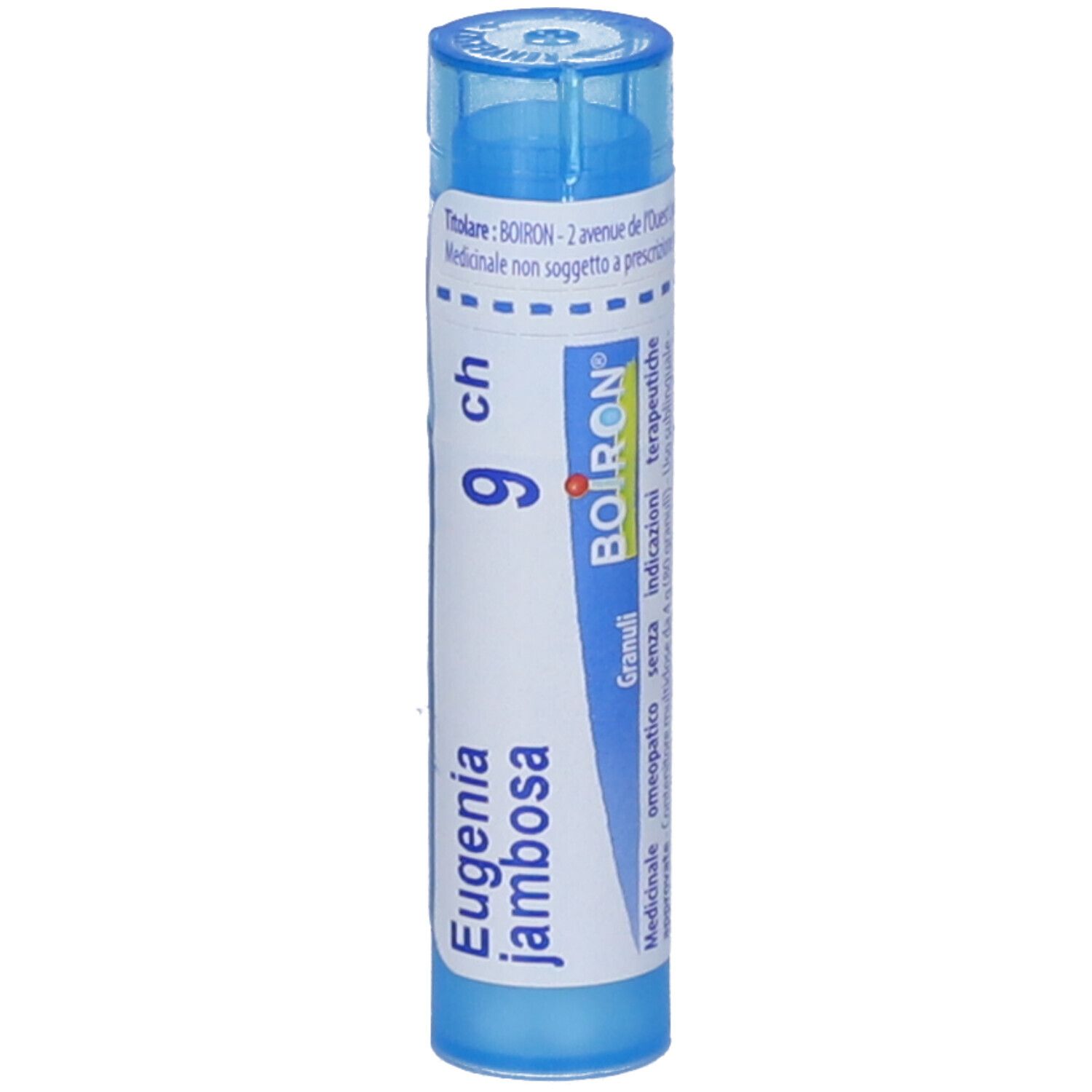 Flacone cilindrico blu con etichetta bianca. Scritta: Eugenia jambosa, 9 ch, BOIRON. Granuli. Tappo blu.