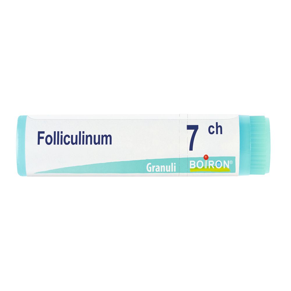 Confezione cilindrica con "Folliculinum 7 ch" e logo "BOIRON". Colori: turchese e bianco.