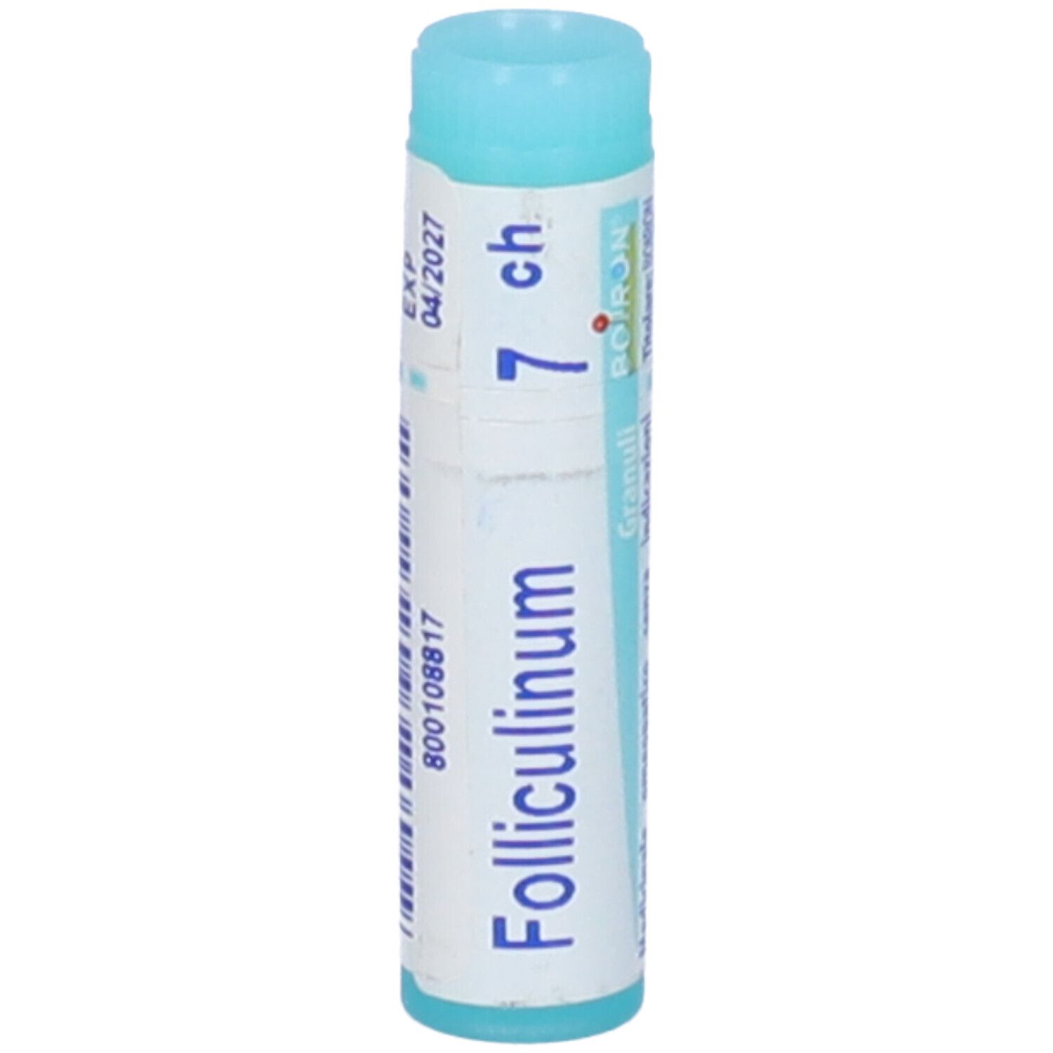 Confezione cilindrica "Folliculinum 7 ch". Scritte: "EXP 04/2027", numero di lotto. Turchese e bianco.
