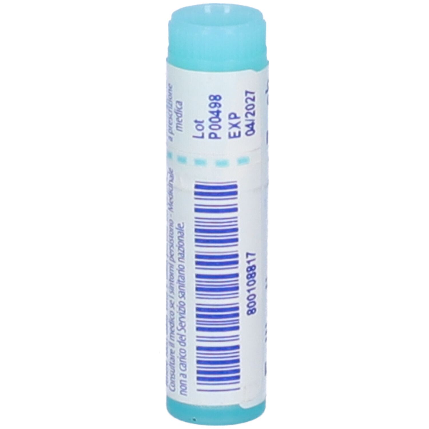 Confezione cilindrica "Folliculinum 7 ch". Codice a barre e testo. Turchese e bianco.