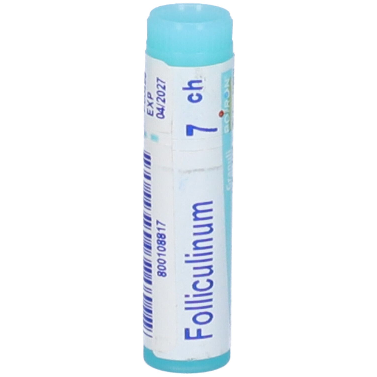 Confezione cilindrica "Folliculinum 7 ch". Scritte: "EXP 04/2027", numero di lotto. Turchese e bianco.