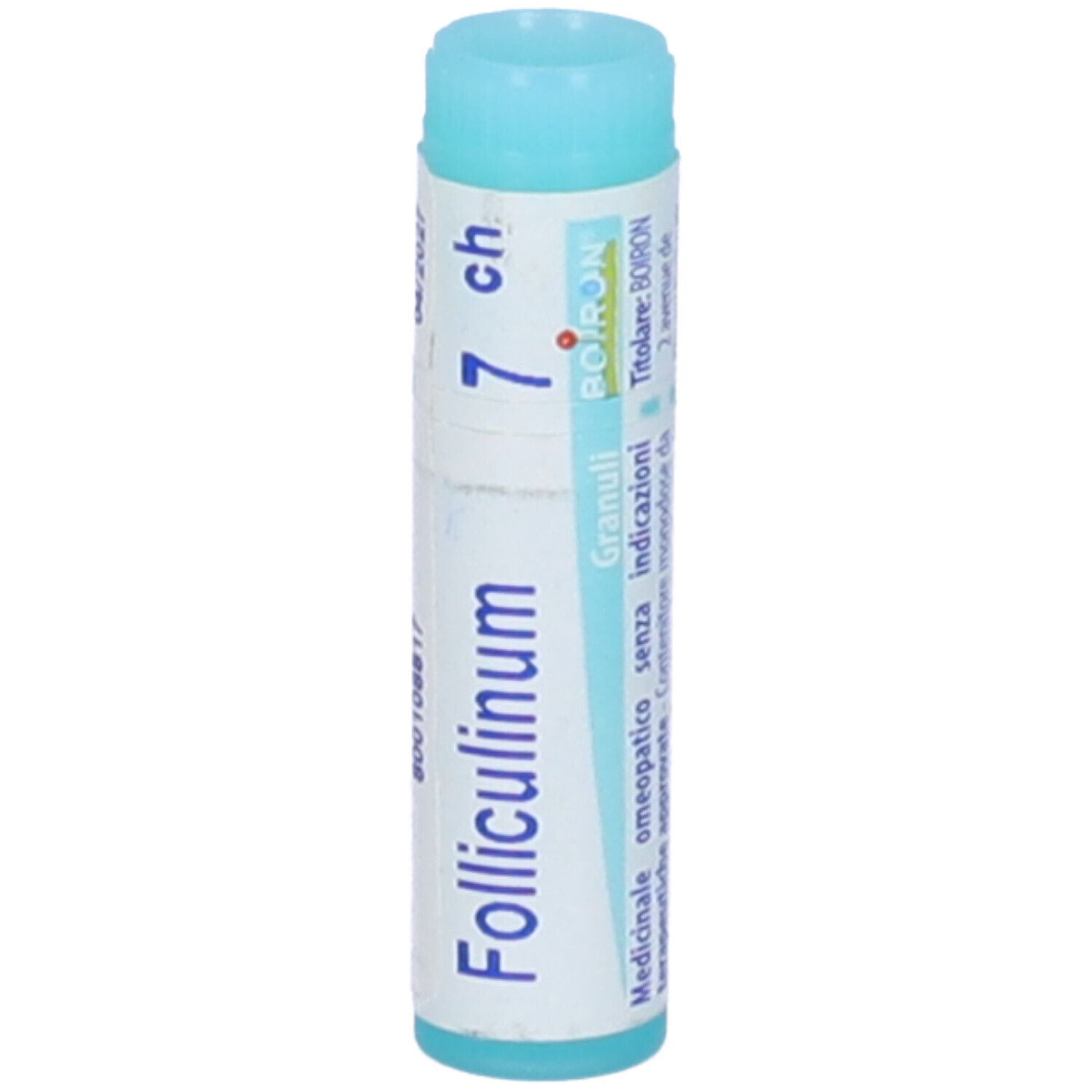 Confezione cilindrica "Folliculinum 7 ch". Logo "BOIRON" e testo. Turchese e bianco.