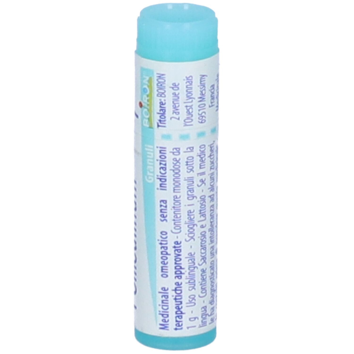 Confezione cilindrica "Folliculinum 7 ch". Testo, indirizzo e logo "BOIRON". Turchese e bianco.