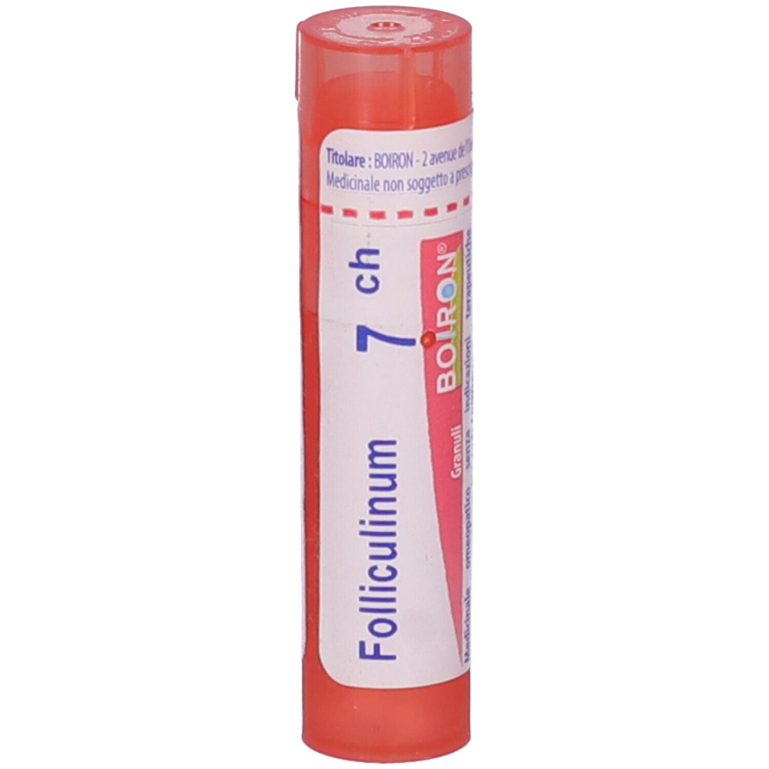 Confezione cilindrica con "Folliculinum 7 ch" e logo "BOIRON". Colori rosa e bianco.