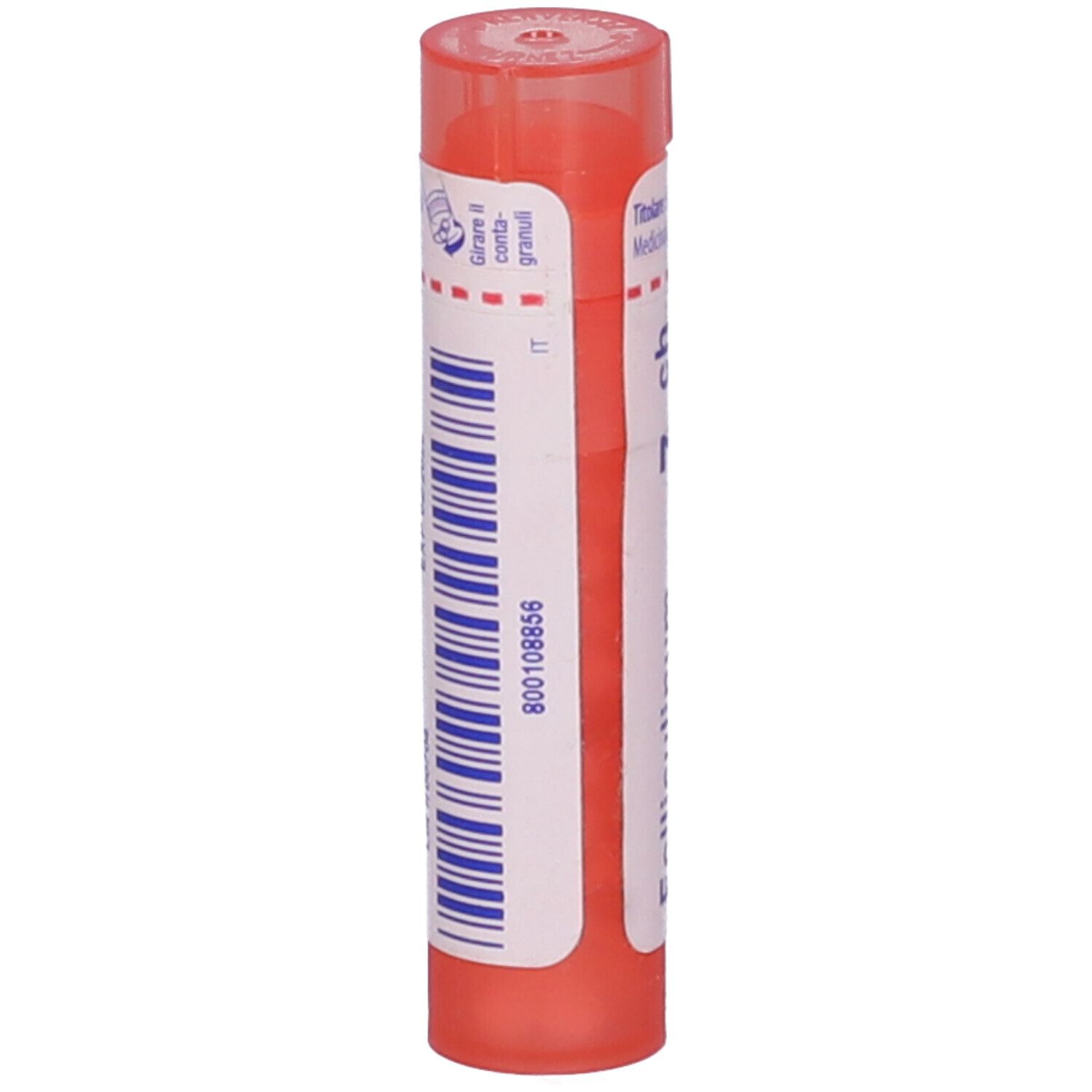 Confezione cilindrica con codice a barre e testo. Colori rosa e bianco.