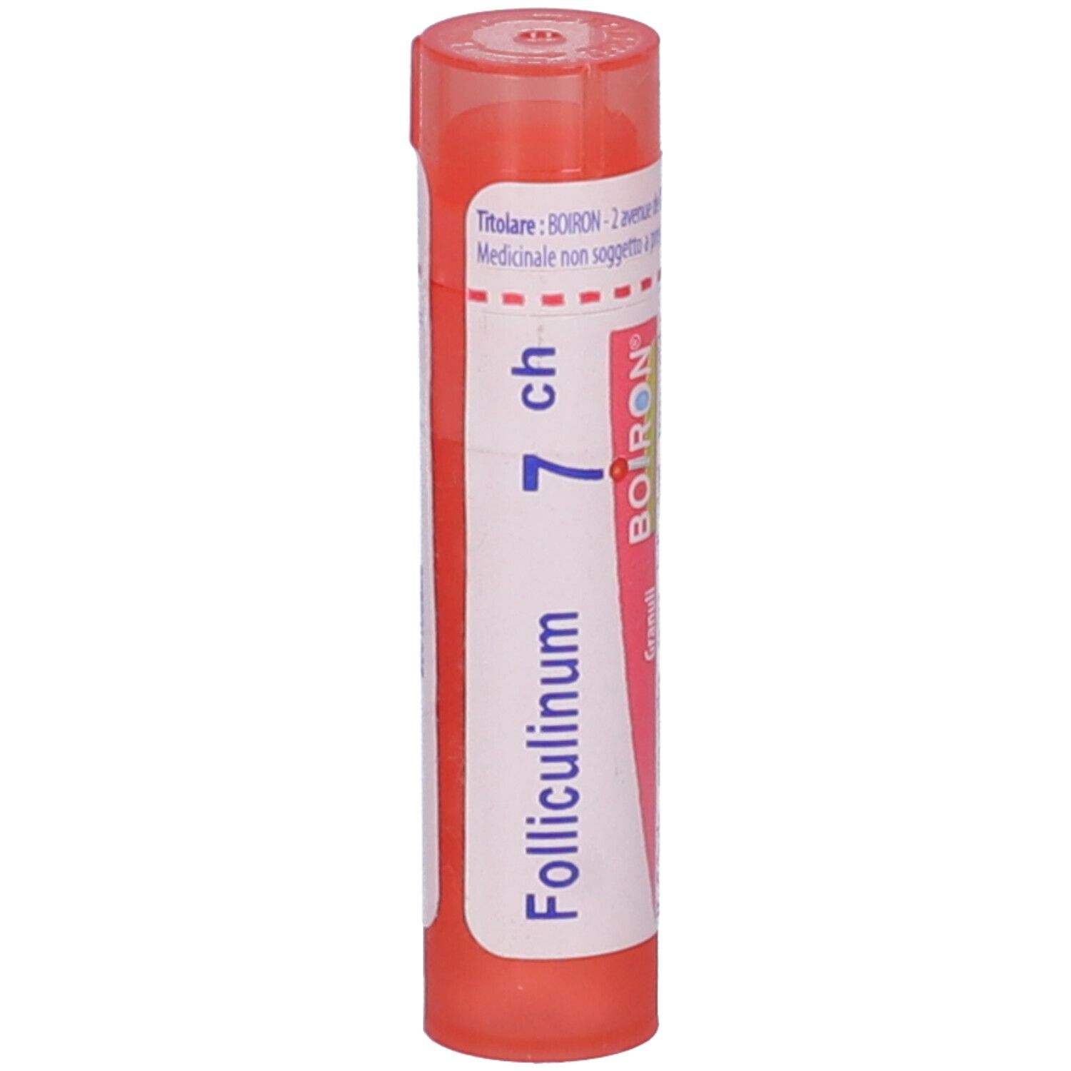 Confezione cilindrica con "Folliculinum 7 ch" e logo "BOIRON". Colori rosa e bianco.