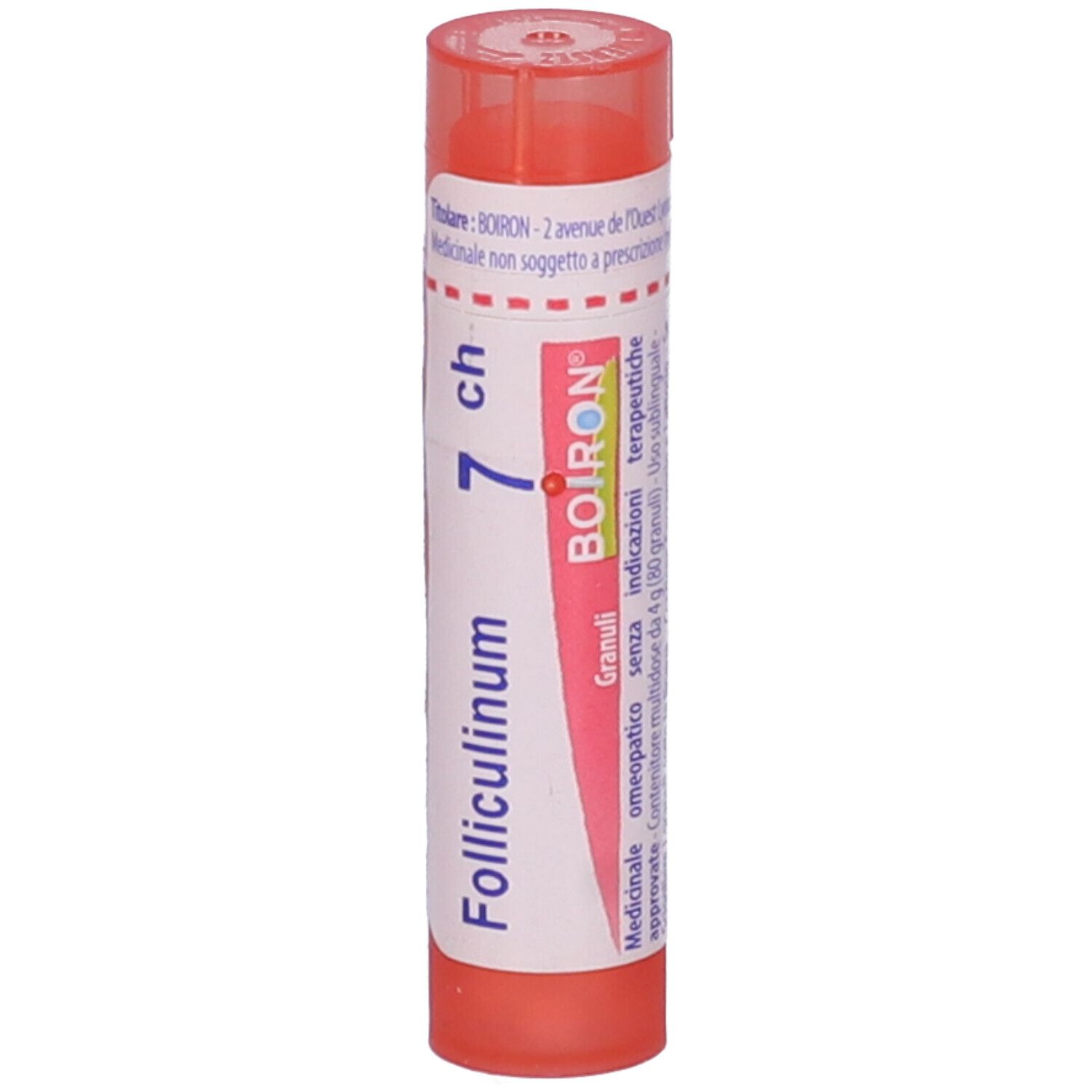 Confezione cilindrica con "Folliculinum 7 ch" e logo "BOIRON". Colori rosa e bianco.