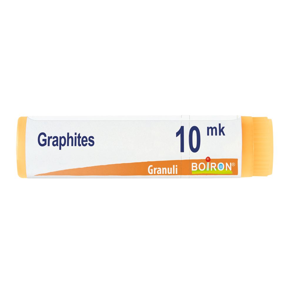 Confezione cilindrica con "Graphites 10 mk Granuli BOIRON". Estremità arancioni.