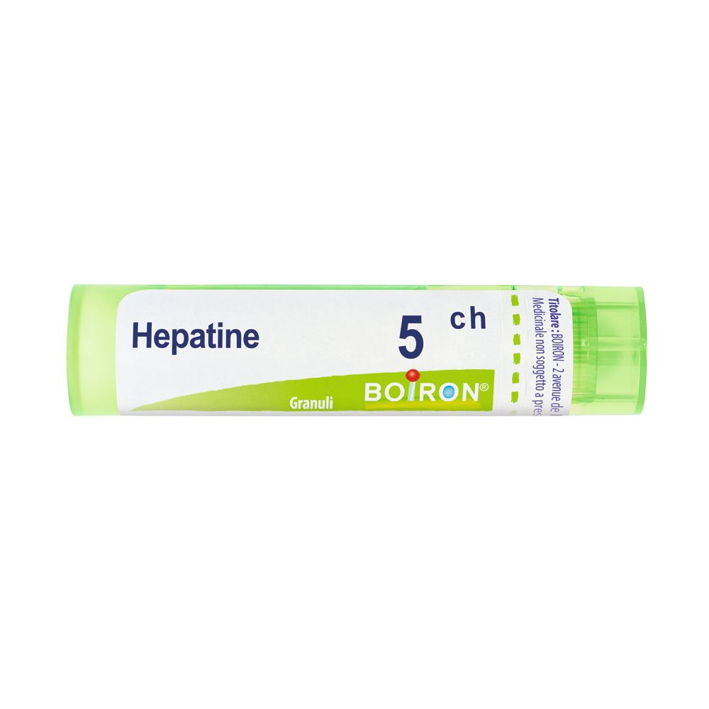 Confezione cilindrica 'Hepatine 5 ch Granuli' e logo BOIRON. Etichetta verde e bianca.