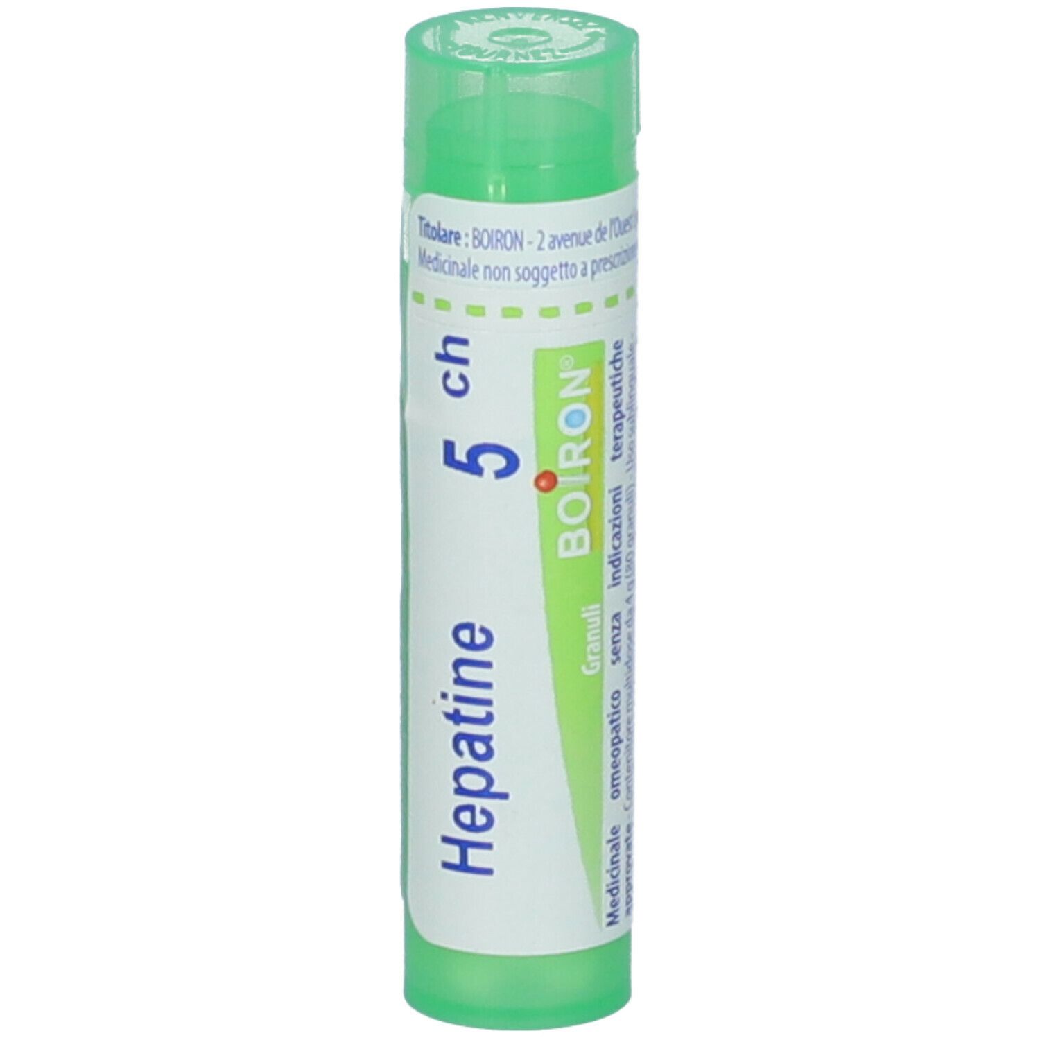Confezione cilindrica verde con 'Hepatine 5 ch'. Etichetta bianca con logo BOIRON e testo.