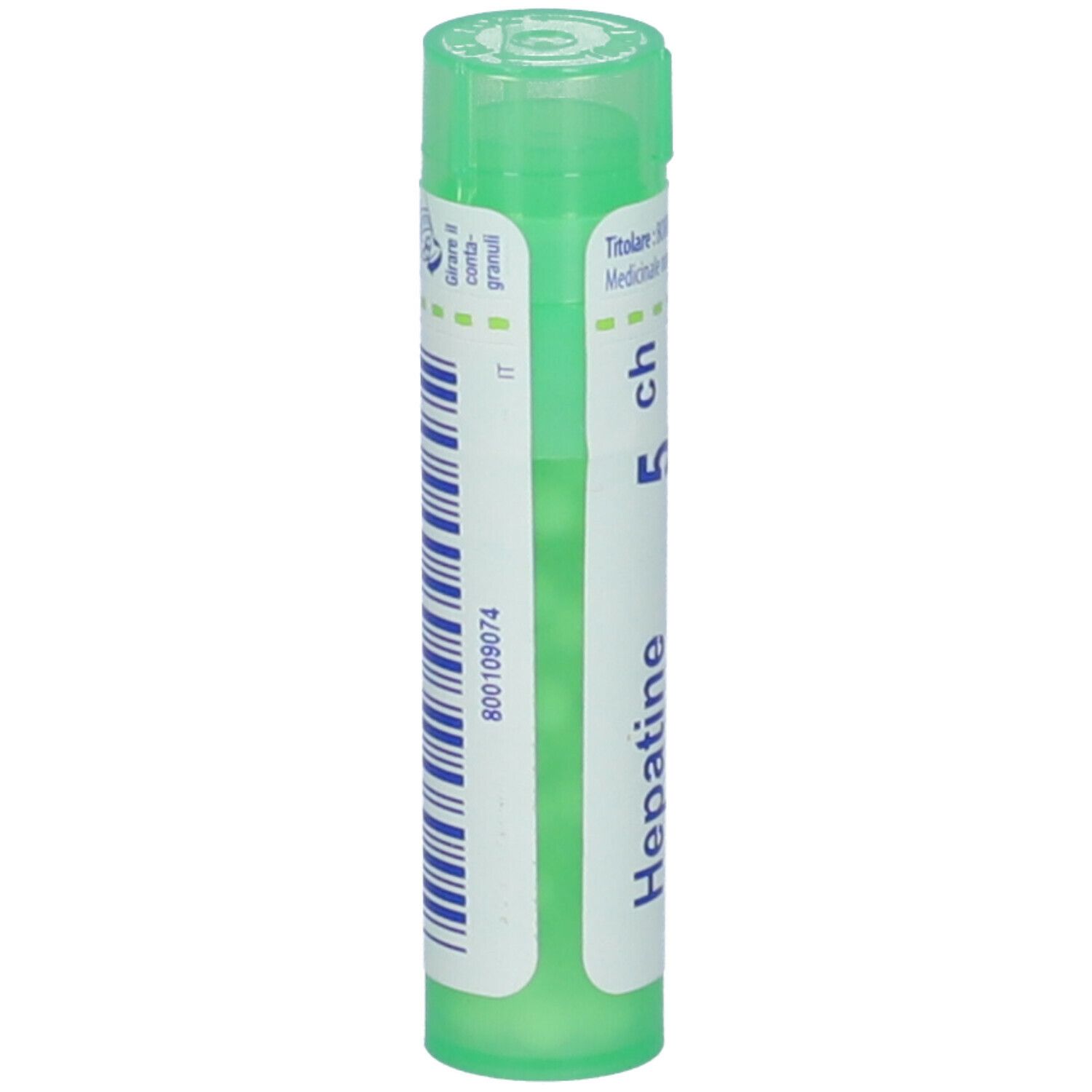 Confezione cilindrica verde con 'Hepatine 5 ch'. Etichetta bianca con codice a barre e testo.