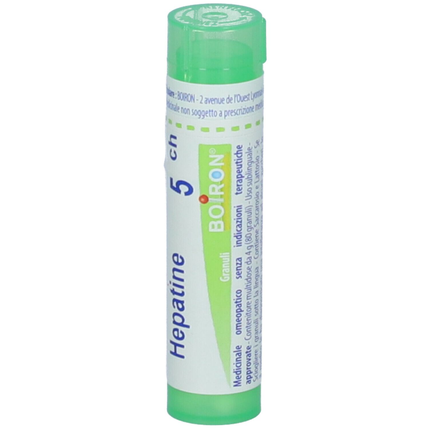 Confezione cilindrica verde con 'Hepatine 5 ch'. Etichetta con logo BOIRON e testo.