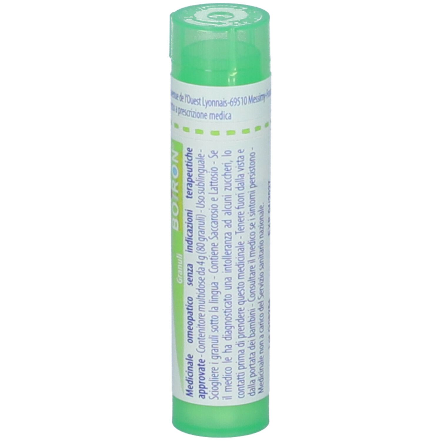 Confezione cilindrica verde con 'Hepatine 5 ch'. Etichetta con testo e logo BOIRON.